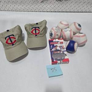 lot 55 image: Signed Baseball Memorabilia Lot  6 Baseballs (Multiple Autographed)  2 NEW Minnesota Twins Hats w Tags  MLB Showdown 2000 Sealed Game
