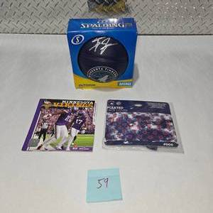 lot 59 image: Minnesota Timberwolves Autographed Spalding Mini Basketball  Minnesota Vikings Calendar & Minnesota Twins Face Cover  MN Sports Fan Lot