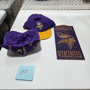lot 60 image: Minnesota Vikings Fan Lot  2 Vikings Hats  Minnesota Vikings Wood Wall Hanging Sign Decor NFL Fan Gear