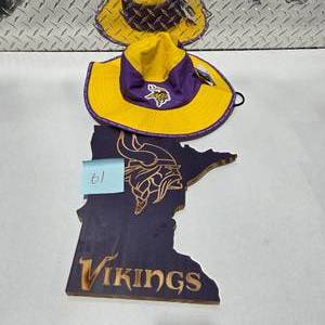 lot 61 image: Minnesota Vikings Fan Lot  Vikings Wide Brim Bucket Hat (New w Tags)  Minnesota Shape Wood Wall Hanging NFL Decor