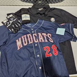 lot 65 image: Mudcats Rawlings Baseball Jersey Adult Large  Ryder Cup Polo Nike Golf Shirt Gloves Bombas Socks Lot