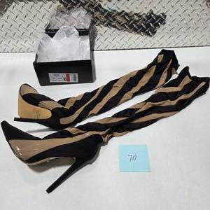 lot 70 image: EGO Over The Knee High Heel Boots Size 6 Womens Black Nude Stripe Thigh High Stiletto Boots w Box