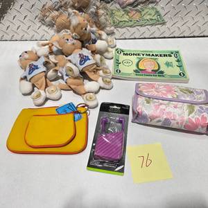 lot 76 image: Mixed Accessories Lot Plush Toys Wallet Pouches Earbuds New Books Kids Items Assorted Bundle