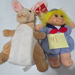 lot 91 image: Vintage Plush Toy Lot Troll Doll Sailor Outfit Kangaroo Stuffed Animal Character Toys