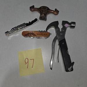 lot 97 image: Bartender Corkscrew Wine Opener Lot Multi Tool Hammer Tool Cork Pullers Bottle Openers Assorted
