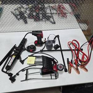 lot 101 image: Automotive Emergency Tool Lot Jack Air Compressor Tire Inflator Jumper Cables Blackburn Pump Accessories