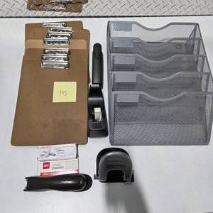lot 105 image: Office Supply Lot Clipboards Bostitch Hole Punch Desk Organizer Stapler Tape Dispenser Staples