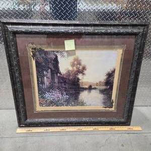 lot 106 image: Large Ornate Framed Cottage Landscape Wall Art Rustic Country River Scene Decor Heavy Decorative Frame