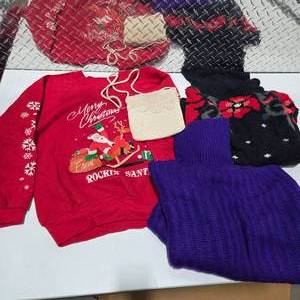 lot 114 image: Vintage Christmas Sweater Lot Knit Holiday Sweaters Santa Graphic  Purse Seasonal Apparel Retail $80