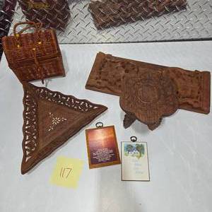 lot 117 image: Hand Carved Wood Wall Shelf Decor Basket Religious Plaques Folk Art Home Decor Lot