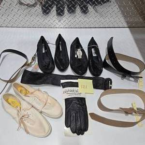 lot 121 image: Vintage Leather Gloves Belts Womens Shoes Loafers Canvas Sneakers Accessory Lot Mixed Sizes