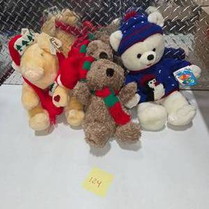 lot 124 image: Vintage Christmas Plush Teddy Bear Lot Holiday Stuffed Animals Winter Decor Penguin Sweater Bear