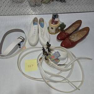 lot 127 image: Womens Shoes Belt & Fashion Accessory Lot White Sneakers Leather Flats Chic Belts New Tags