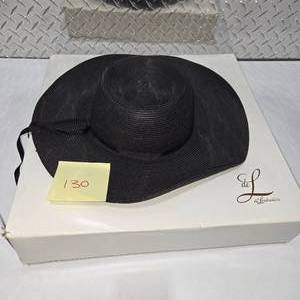 lot 130 image: De Lendrecis Wide Brim Womens Fashion Hat w Original Box Black Dress Sun Hat