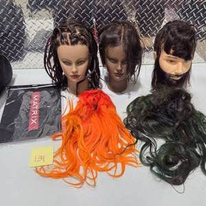 lot 134 image: Cosmetology Mannequin Head Lot Hair Styling Practice Heads Wigs Extensions Barber Salon Training Bundle