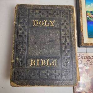 lot 136 image: Antique Holy Bible Vintage Framed Landscape Art Chocolate Cookbooks Hershey Dessert Lot