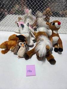 lot 146 image: Christmas Plush Lot Rudolph Reindeer Unicorn Owl Horse Monkey Stuffed Animals Bundle