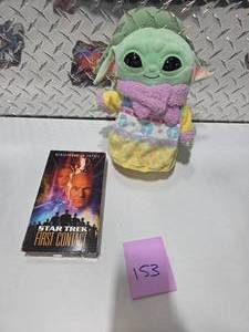 lot 153 image: Grogu Baby Yoda Plush Star Wars Character w Star Trek First Contact VHS Movie Lot