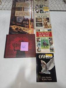 lot 161 image: Hardcover Book Lot Dragons Mystery Puzzle Carving Patterns Cats Owls Horse Guide