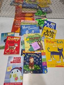 lot 162 image: Huge Kids Books Lot Pete The Cat Horton Sesame Street Bad Guys Curious George Disney
