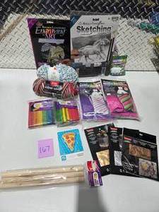 lot 167 image: Huge Craft Supply Lot Engraving Art Sketch Kit Yarn Gold Leaf Sticks Dowels