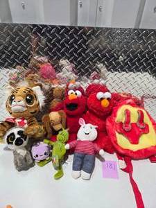 lot 181 image: Sesame Street Elmo Dr Seuss Grinch Plush Stuffed Animals Kids Backpack Lot