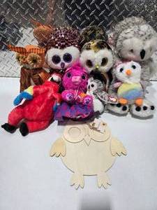 lot 185 image: Ty Beanie Boo Plush Owl Lot Big Eye Stuffed Animals Fall Decor Woodland Bundle