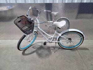 lot 201 image: Womens Beach Cruiser Bicycle White Blue Comfort Bike w Kickstand