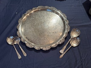 Silver Plated Serving Tray (19) with 4 Serving Utensils