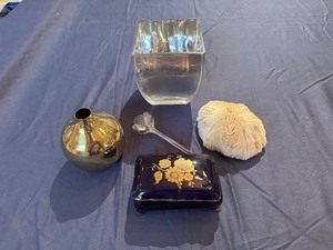Vintage Blue Porcelain Trinket Box, Gold Bud Vase, Glass Rose, Decorative Coral