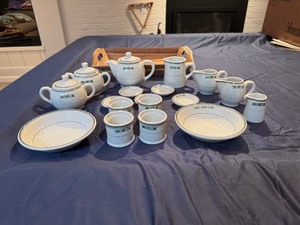 Vintage Ceramic Tea Set with Creamers, Sugar Bowls and Accessories, Presented with Acacia Wood Desert Tray