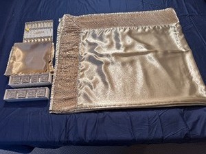 Elegant Gold Satin Tablecloth, Napkins, Napkin Rings, Set of Tall Stirrers
