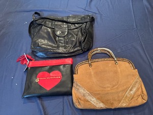Three Handbags, Vintage Black Leather, Vintage Brown Suede and Cute Black and Red Heart Clutch