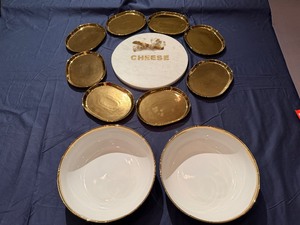 Marble Cheese Board, 8 Gold Colored Small Platters, Two Matching Gold Rimmed Serving Bowls) Never Used