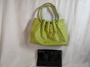Vintage Ashneil Handbag in Chartreuse Pebbled Leather and Vintage GreenBlack Snakeskin ClutchPurse both in Very Good Condition
