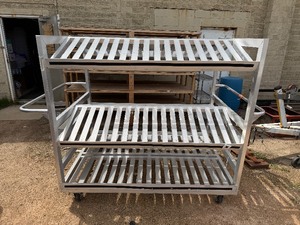 Large Aluminum Rolling Cart. Four Tilted Shelves. Two Bottom Flat Shelves, Side Storage Compartment
