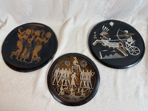 Egyptian-Themed Etched Copper Decorative Wall Plates (Qty 3) 11 12, 11 12, 9 12