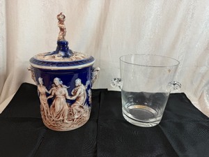 Vintage Italian Ceramic Porcelain Cobalt Ice Bucket and Crystal Ice Bucket with Scroll Handles