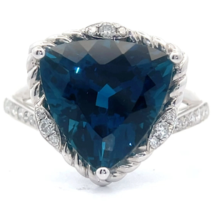 lot 15 image: 3.25 Carat Natural London Blue Topaz & Natural Diamond Triangle Ring in 14k White Gold VIDEO
