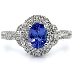 lot 17 image: 0.33 Carat Pav Natural Diamond & Tanzanite Double Halo Ring in 14k White Gold VIDEO
