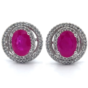 lot 21 image: 0.30 Carat Natural Diamond & Natural Ruby Double Halo Stud Earrings in 14k Gold Retail $2,395 VIDEO