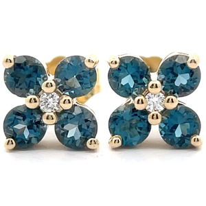 lot 30 image: London Blue Topaz & Natural Diamond Flower Cluster Stud Earrings in 14k Yellow Gold Retail $1,100 VIDEO