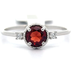 lot 35 image: 0.62 Carat Red Garnet & Natural Diamond Three-Stone Bezel Ring in 14k White Gold VIDEO