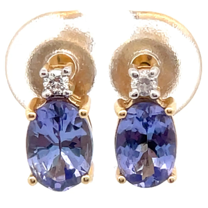 lot 46 image: Natural Tanzanite & Natural Diamond Two-Stone Stud Earrings in 14k Yellow Gold VIDEO