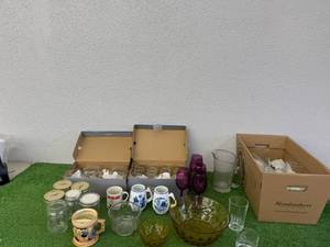 lot 33 image: Glassware, Cups, Pitcher & Colored Glass Bowl