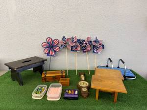 lot 39 image: Mixed Lot - Patriotic Pin Wheels, Wood Boxes & Stools