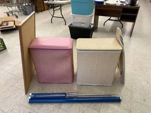 lot 45 image: Clothes Hampers, Retractable Screen, Cork Board & Small Ironing Board