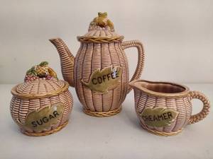 lot 15 image: Vintage Tilso Ceramic Basket Weave Coffee Pot with Creamer and Sugar Bowl