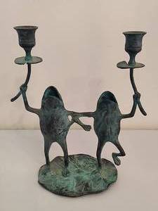 lot 2 image: Vintage Bronze Frog Candlestick Holder
