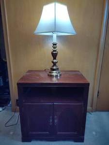 lot 132 image: Wood Cabinet and Brass Table Lamp
